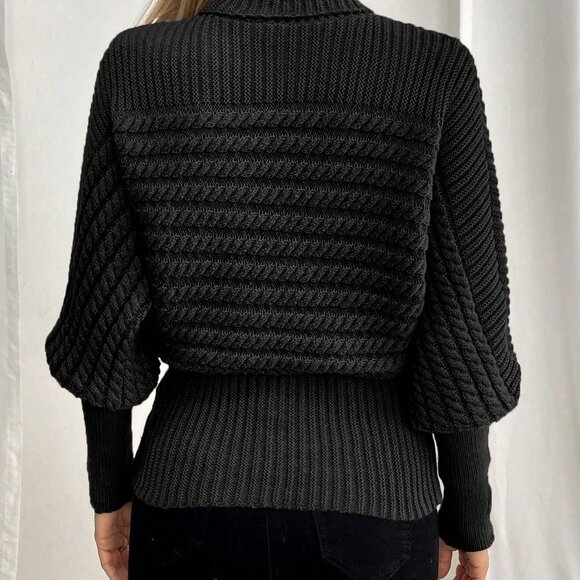 Black High Collar Cable Knit Women's Sweater - Picture 2 of 6